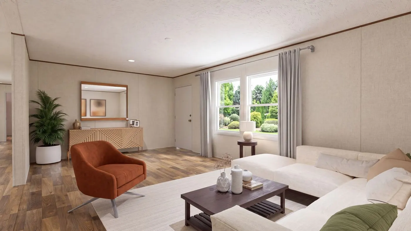 The SYCAMORE Living Room. This Manufactured Mobile Home features 4 bedrooms and 2 baths.