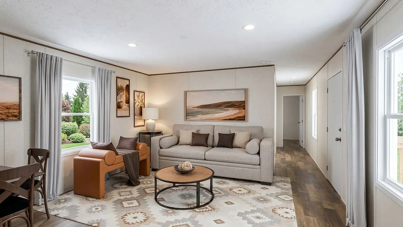 The ASPEN Living Room. This Manufactured Mobile Home features 3 bedrooms and 2 baths.