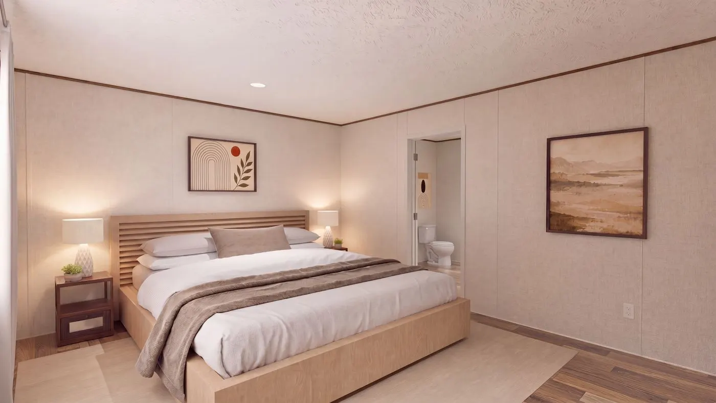 The SYCAMORE Primary Bedroom. This Manufactured Mobile Home features 4 bedrooms and 2 baths.