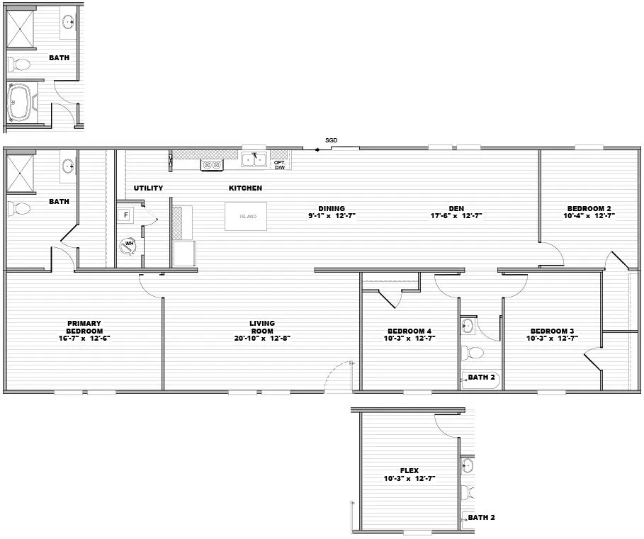 Sycamore 4-bedroom, 2-bath floor plan