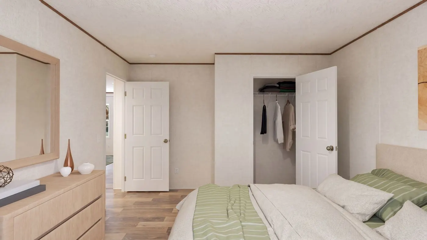 The REDWOOD Bedroom. This Manufactured Mobile Home features 5 bedrooms and 3 baths.