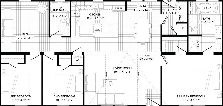 The stark floor plan home features