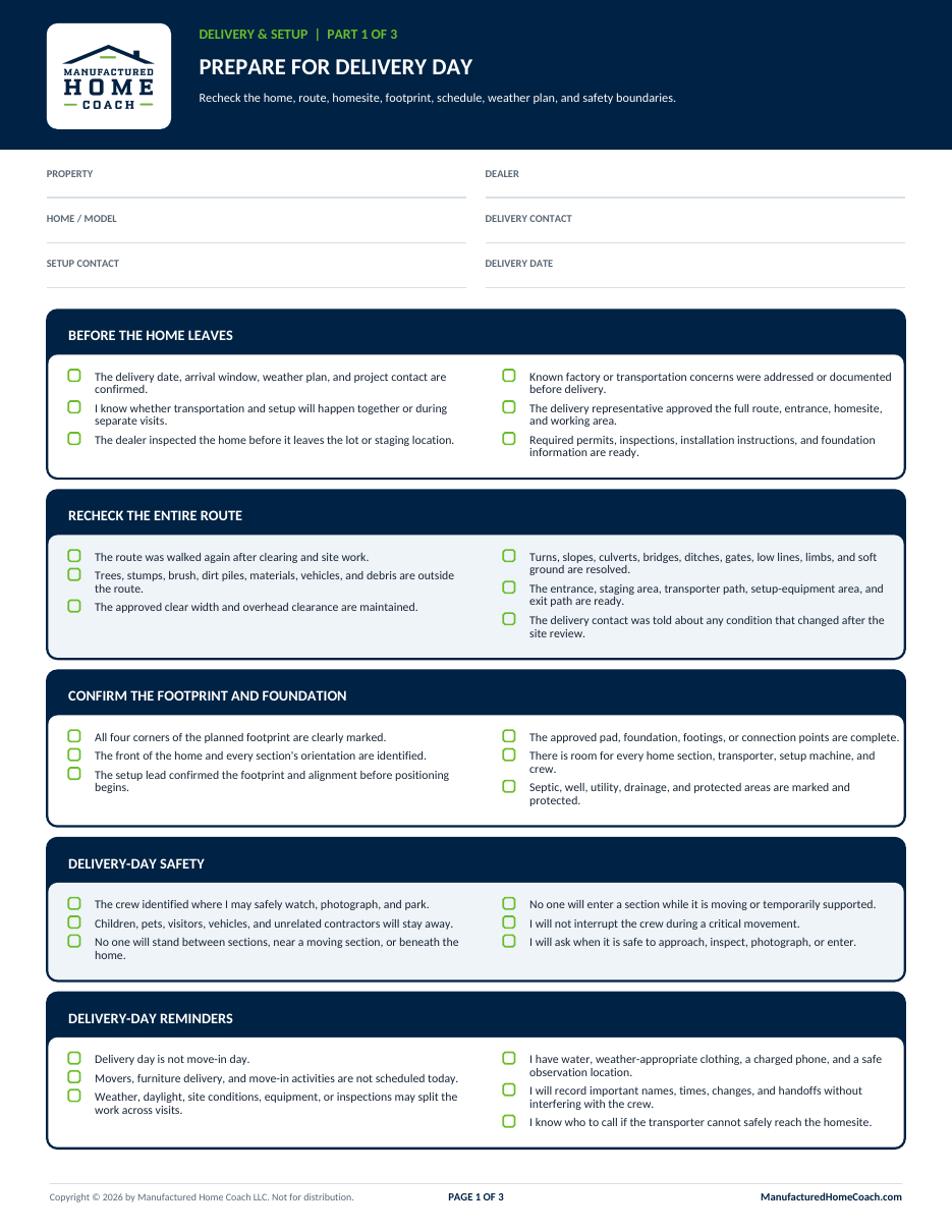 Preview of the manufactured-home delivery and setup checklist