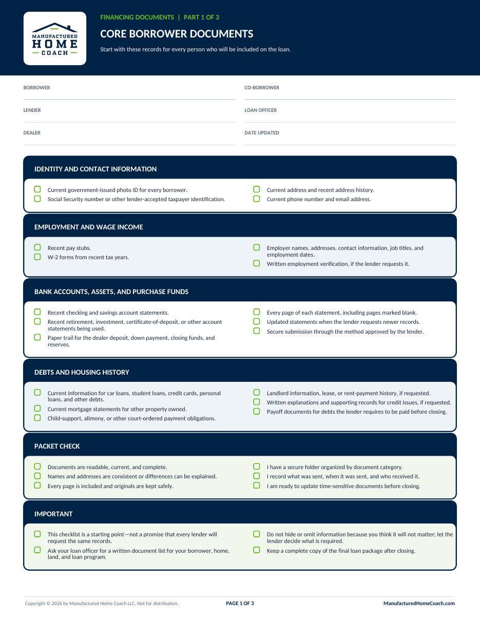 Preview of the manufactured-home financing document checklist