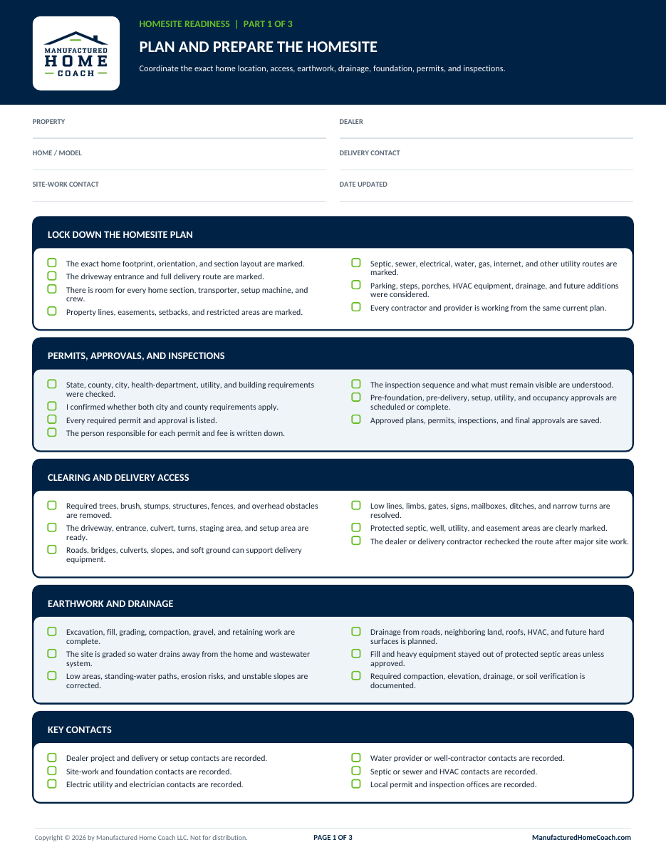 Preview of the manufactured-home homesite-readiness checklist
