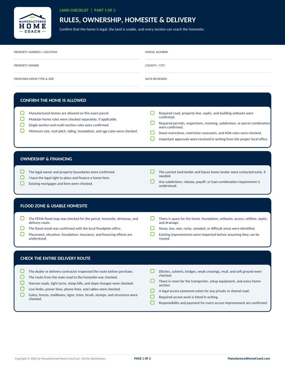 Preview of the manufactured-home land-suitability checklist