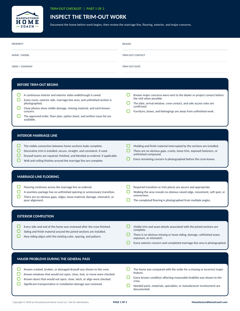 Preview of the manufactured-home trim-out checklist